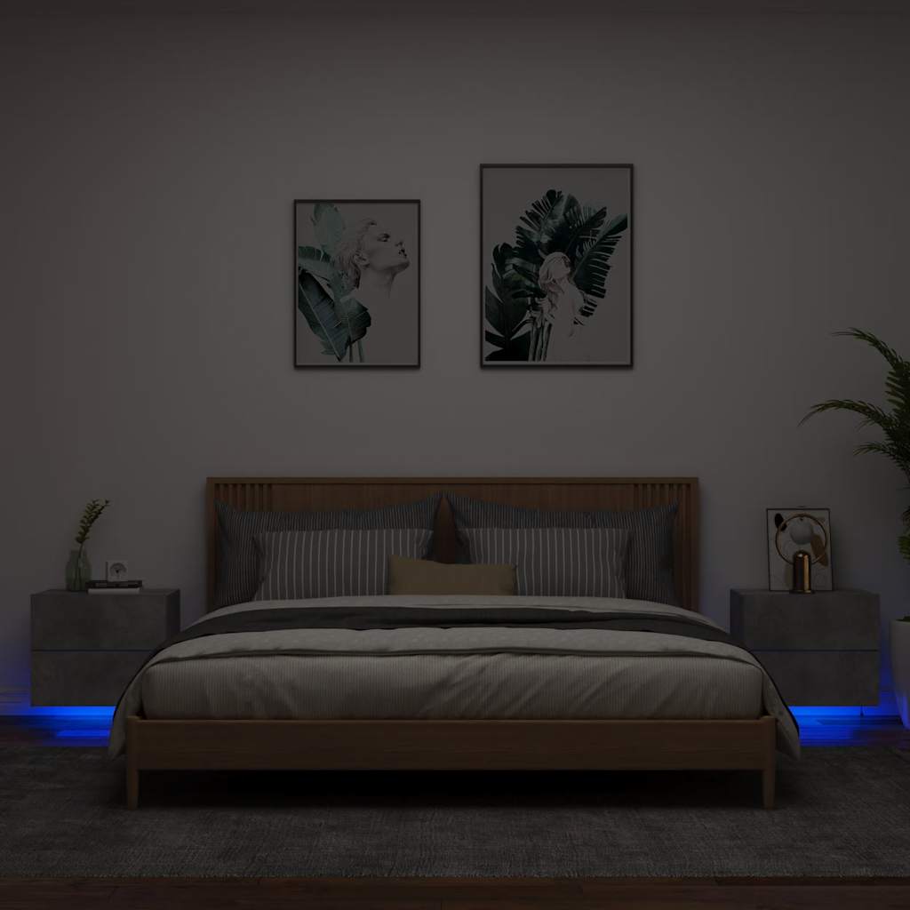Wall-Mounted Nightstands with LED, 2 pcs, Concrete Grey