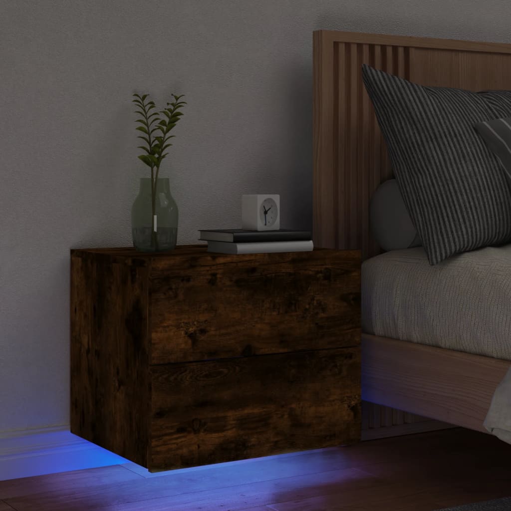 Prie sienos montuojama naktinė spintelė su LED, dūminio ąžuolo