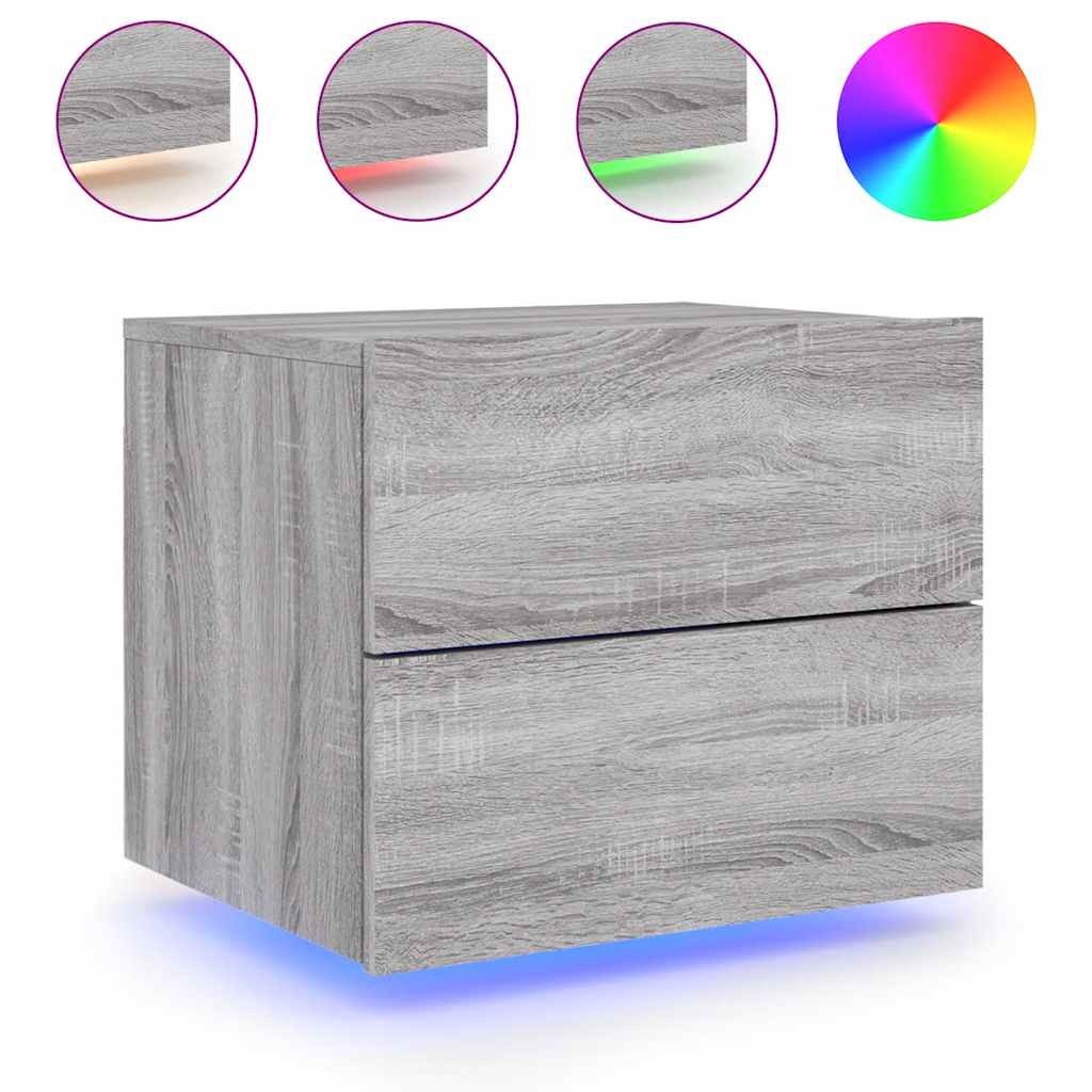 Wall-Mounted Nightstands with LED, 2 pcs., Grey Oak