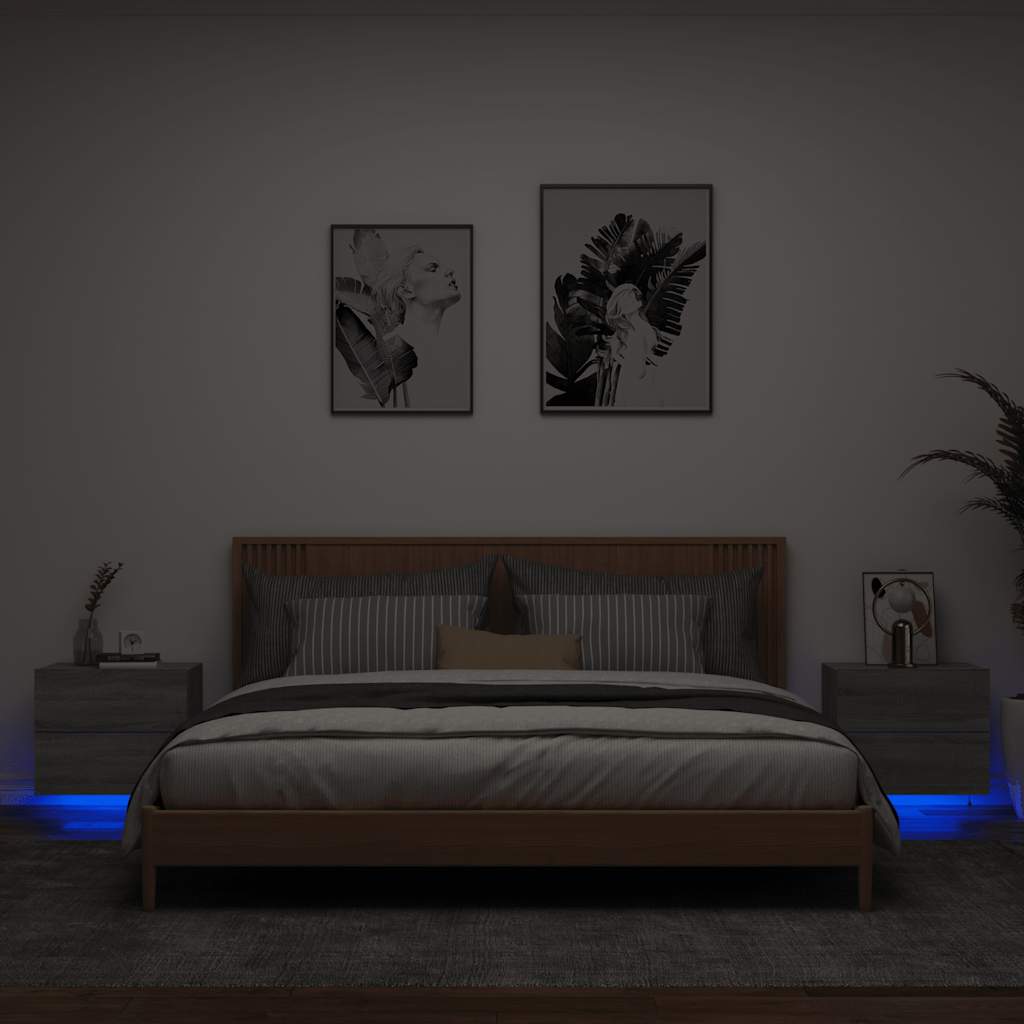 Wall-Mounted Nightstands with LED, 2 pcs., Grey Oak