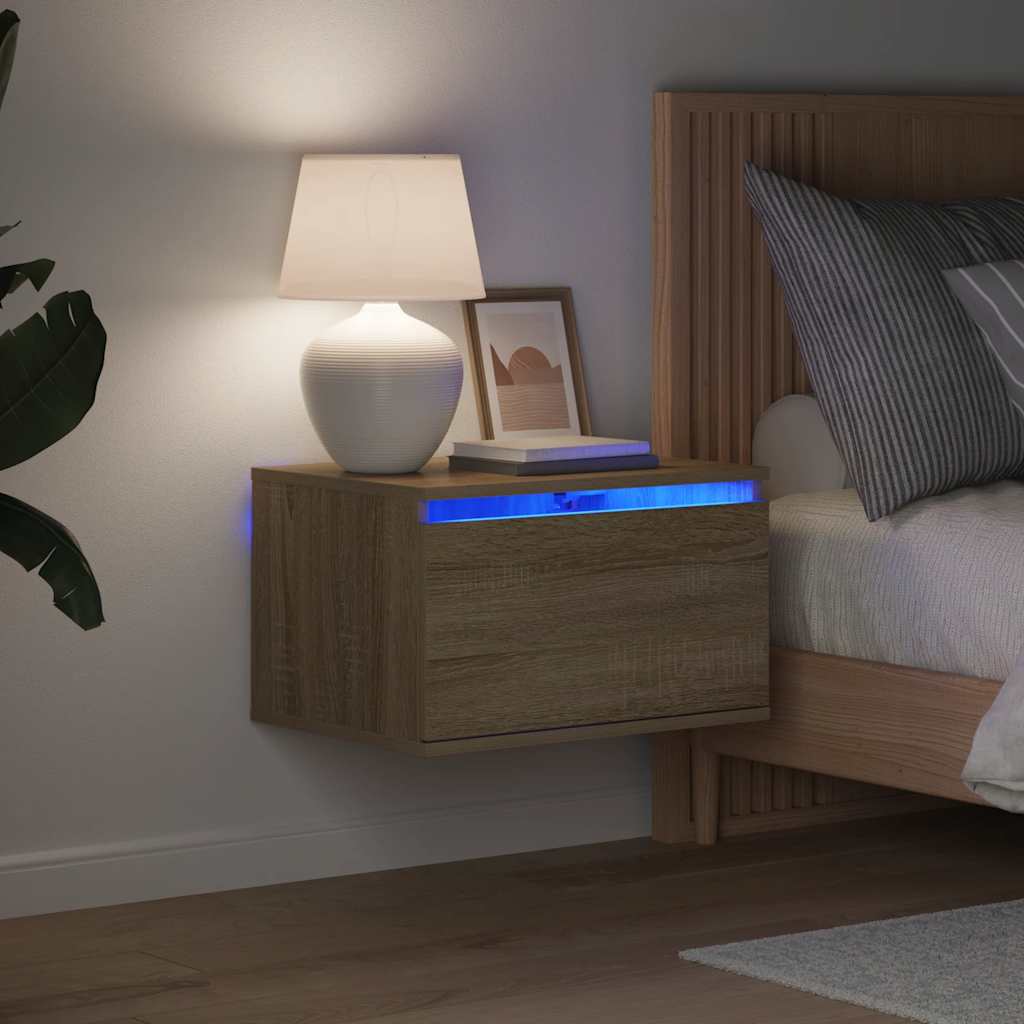 Prie sienos montuojama naktinė spintelė su LED, ąžuolo