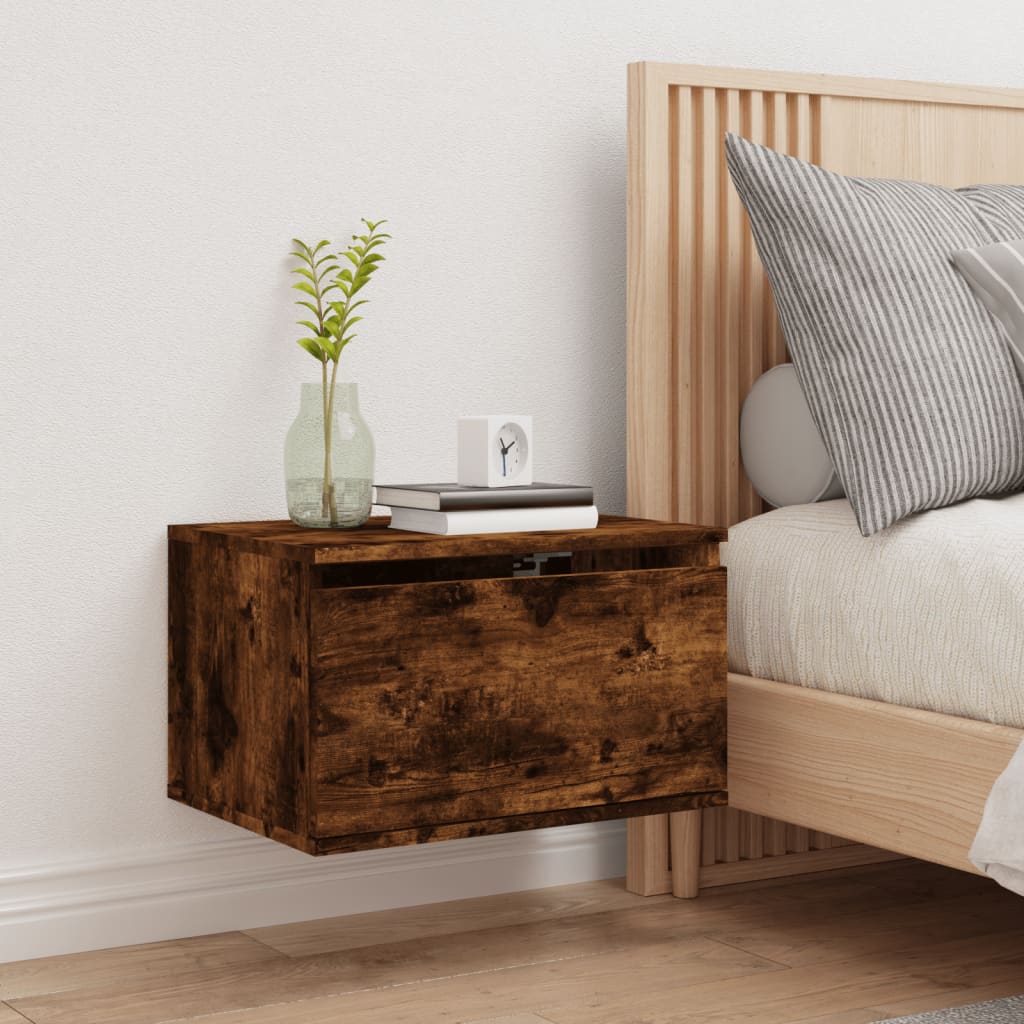 Wall-mounted nightstand with LED, smoked oak