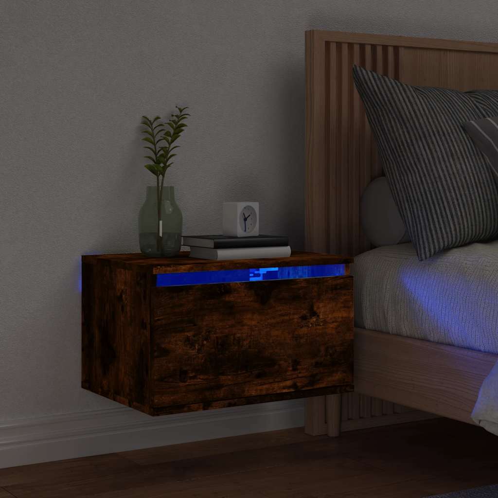 Wall-mounted nightstand with LED, smoked oak