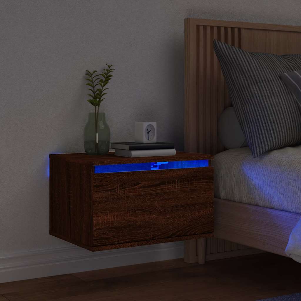 Prie sienos montuojama naktinė spintelė su LED, ruda ąžuolo