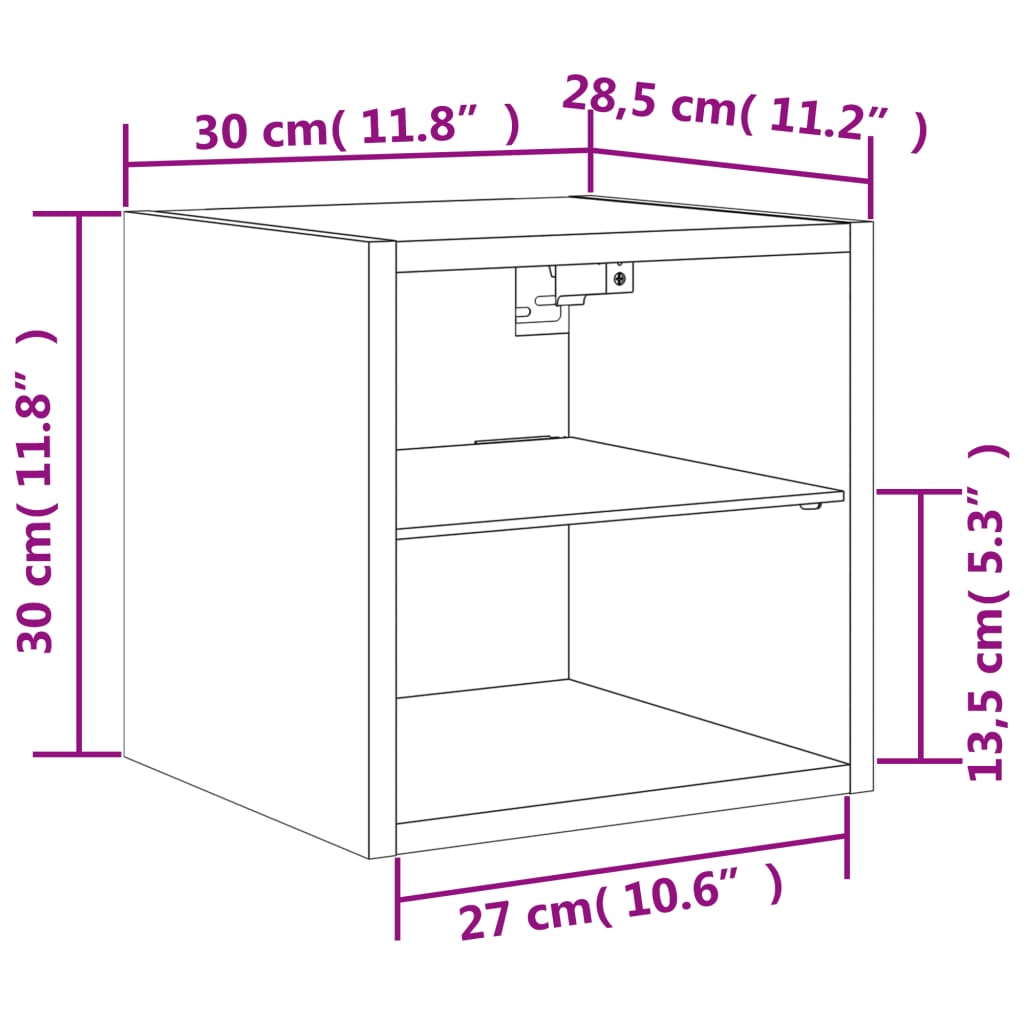 Sieninė TV spintelė su LED lemputėmis, balta, 30x28,5x30cm