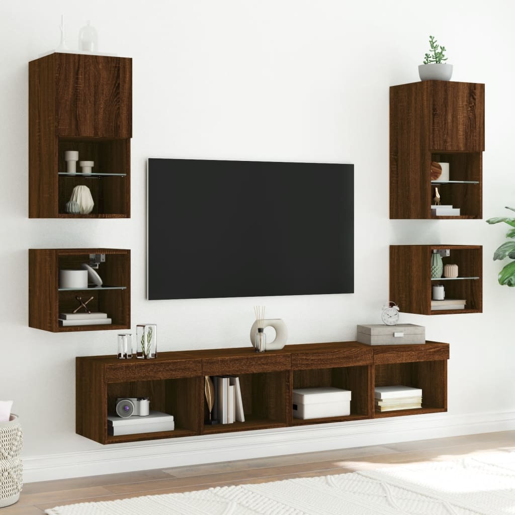 Sieninės TV spintelės su LED, 2vnt., rudos ąžuolo, 30x28,5x30cm