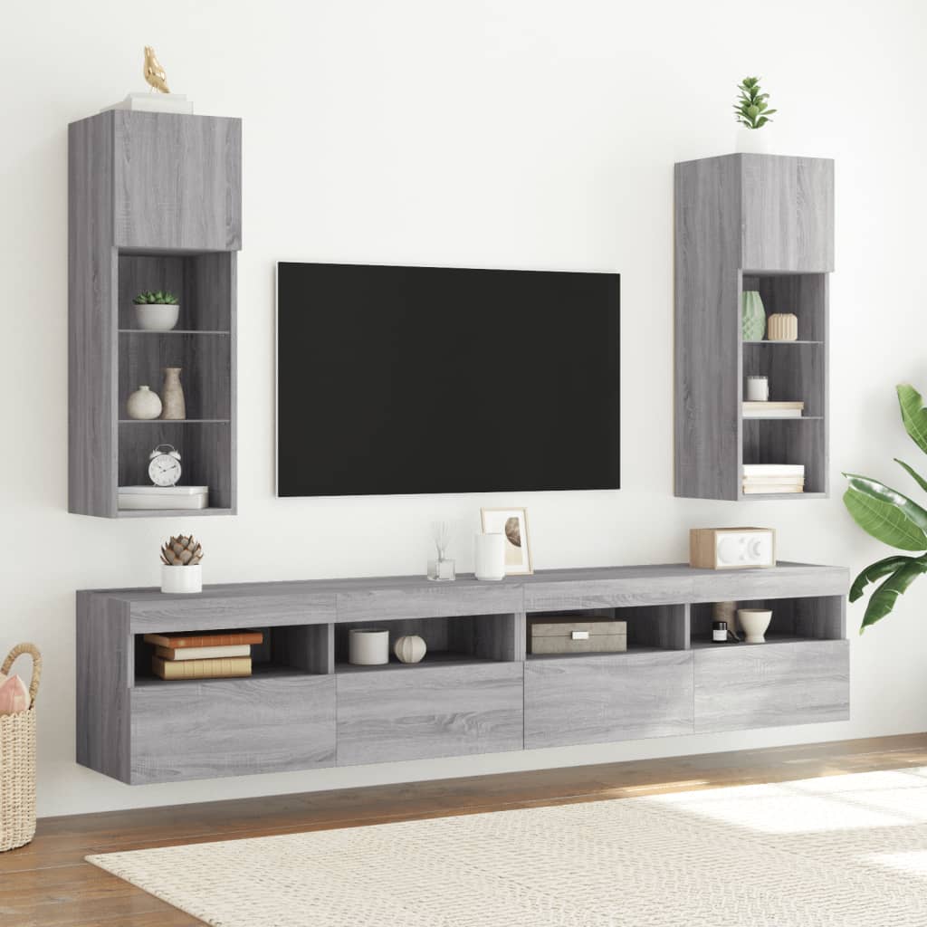 TV spintelės su LED, 2vnt., pilkos ąžuolo, 30,5x30x90cm