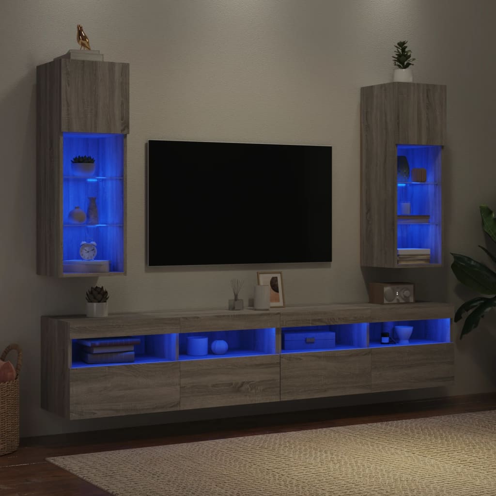 TV spintelės su LED, 2vnt., pilkos ąžuolo, 30,5x30x90cm