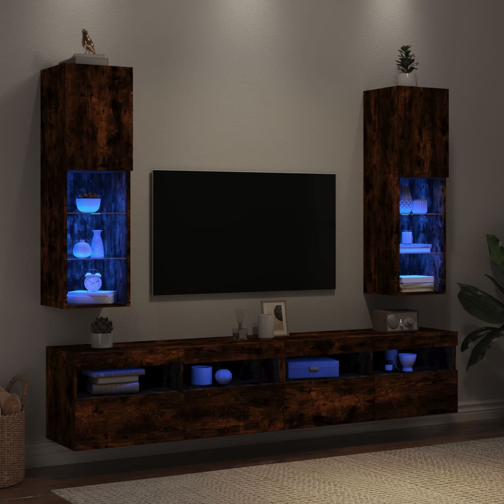 TV spintelės su LED, 2vnt., dūminio ąžuolo, 30,5x30x102cm