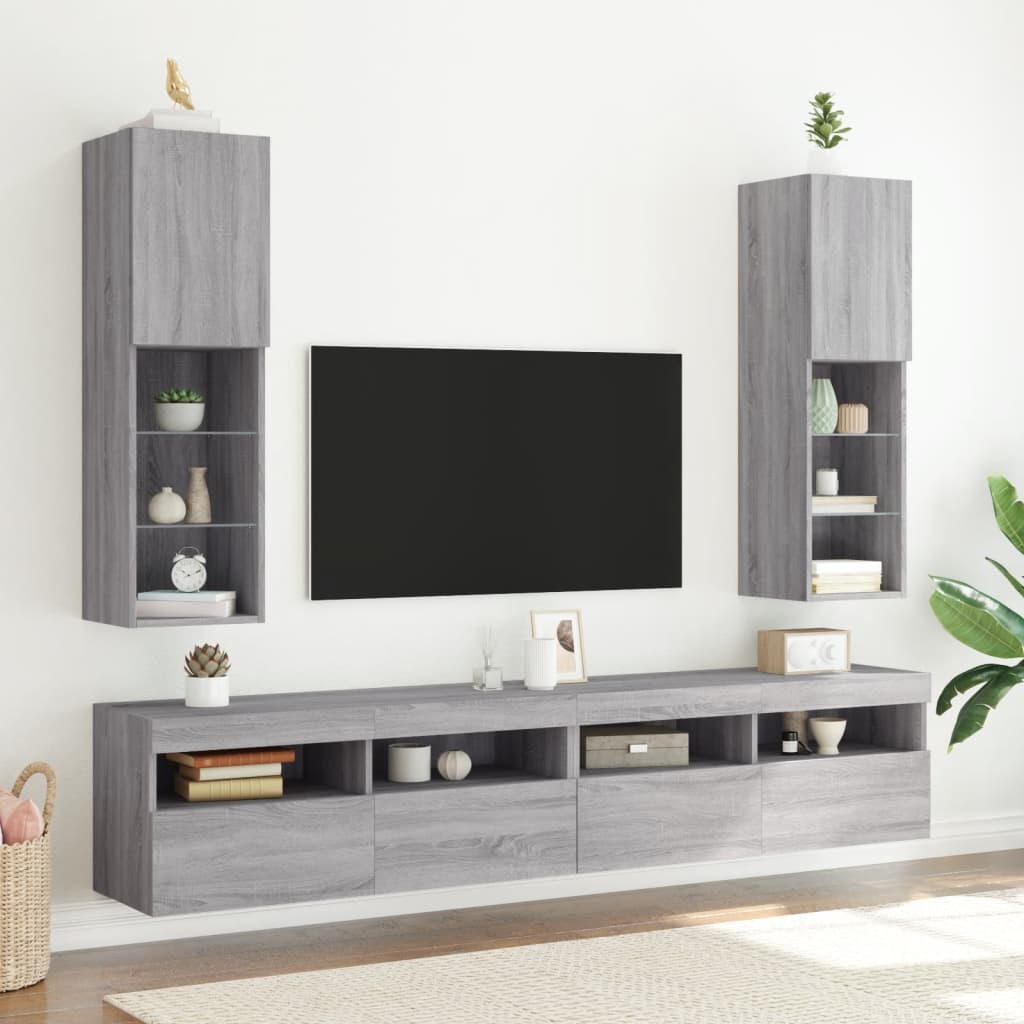 TV spintelė su LED lemputėmis, pilka ąžuolo, 30,5x30x102cm