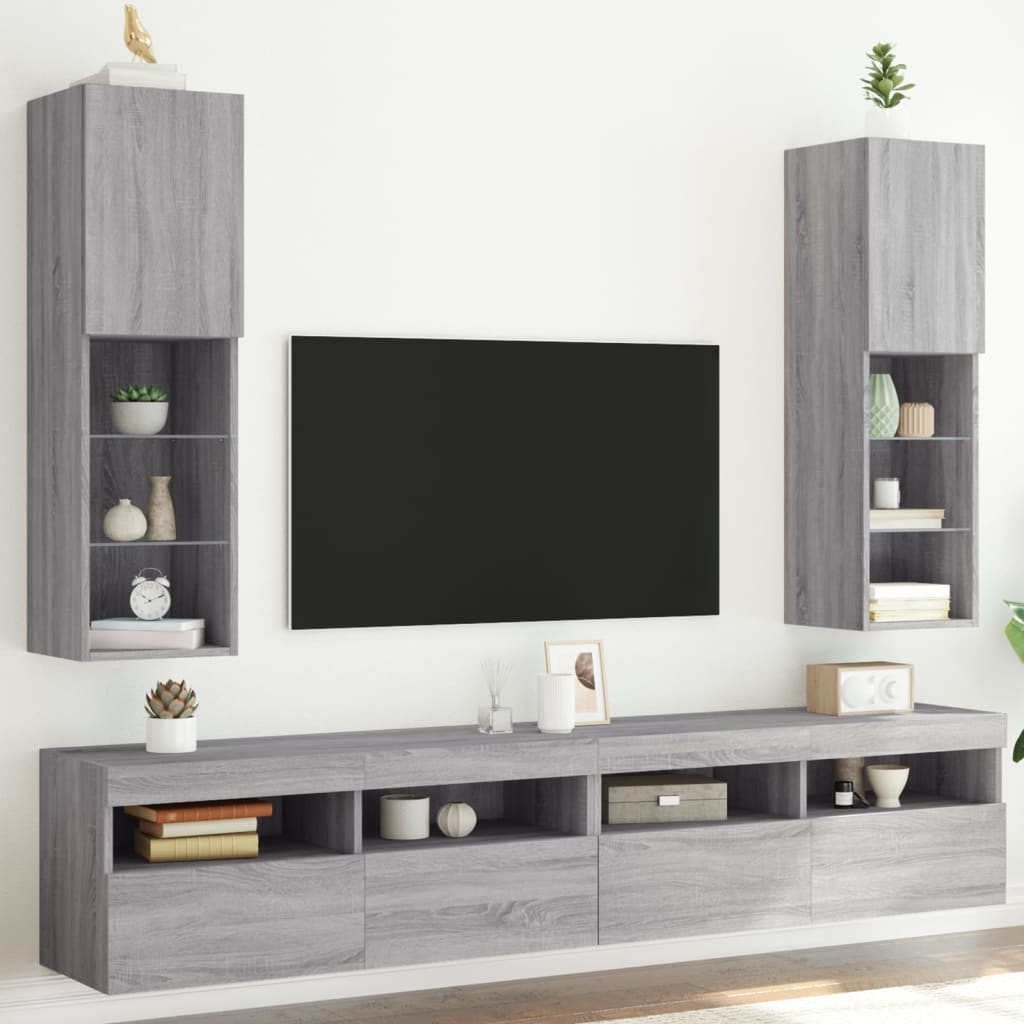TV spintelės su LED, 2vnt., pilkos ąžuolo, 30,5x30x102cm