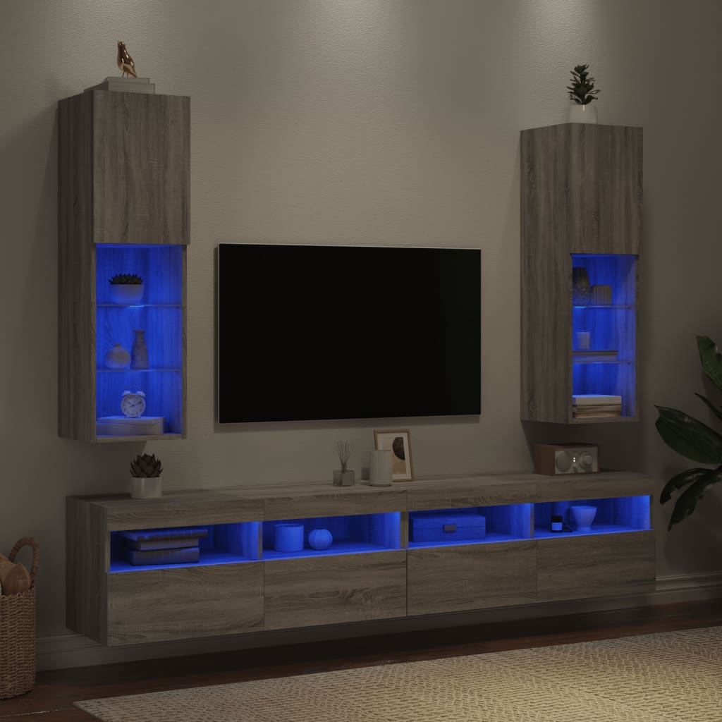TV spintelės su LED, 2vnt., pilkos ąžuolo, 30,5x30x102cm