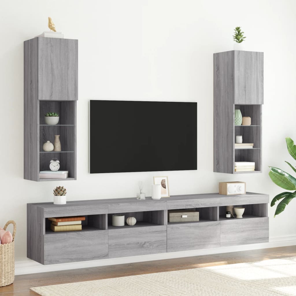 TV spintelės su LED, 2vnt., pilkos ąžuolo, 30,5x30x102cm