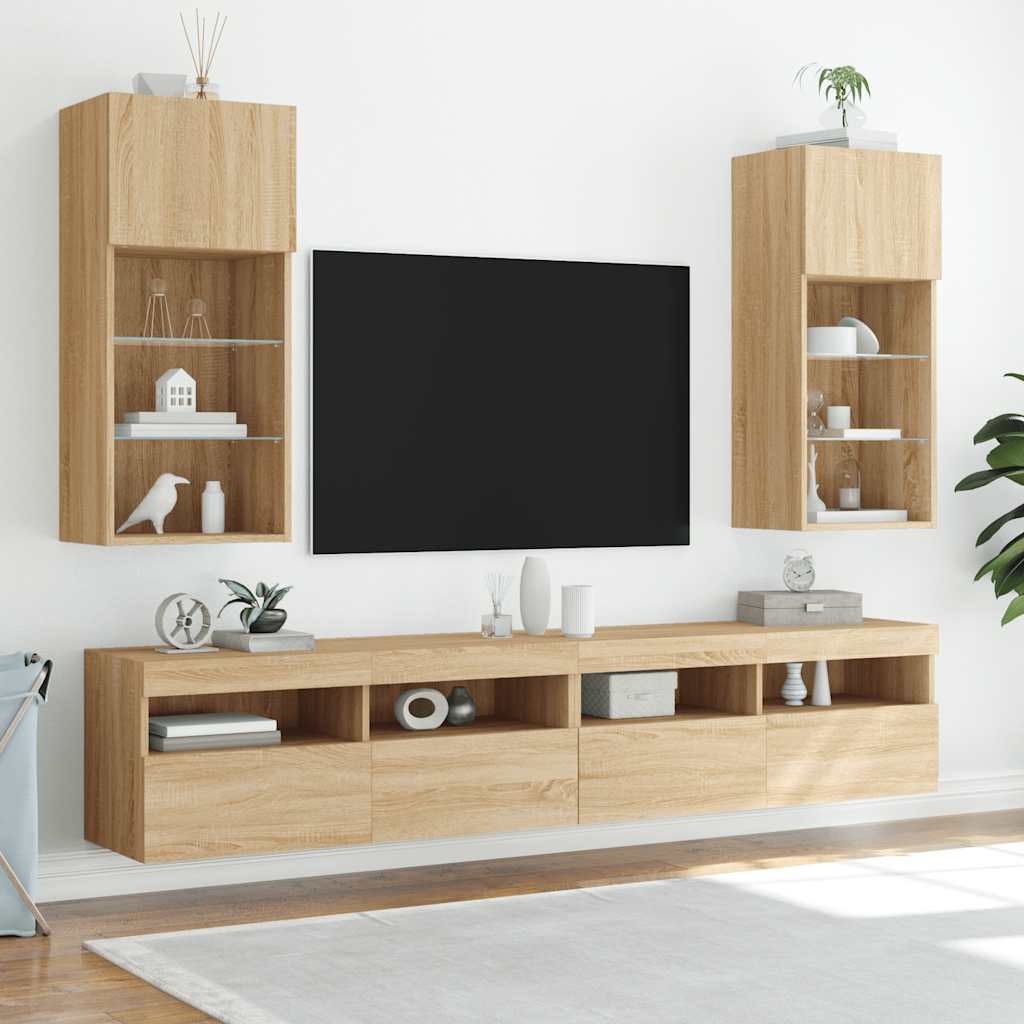 TV Cabinets with LED lights, 2 pcs., oak, 40.5x30x90cm
