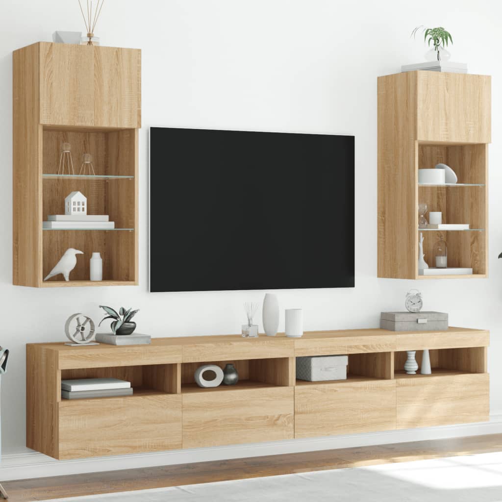 TV Cabinets with LED lights, 2 pcs., oak, 40.5x30x90cm