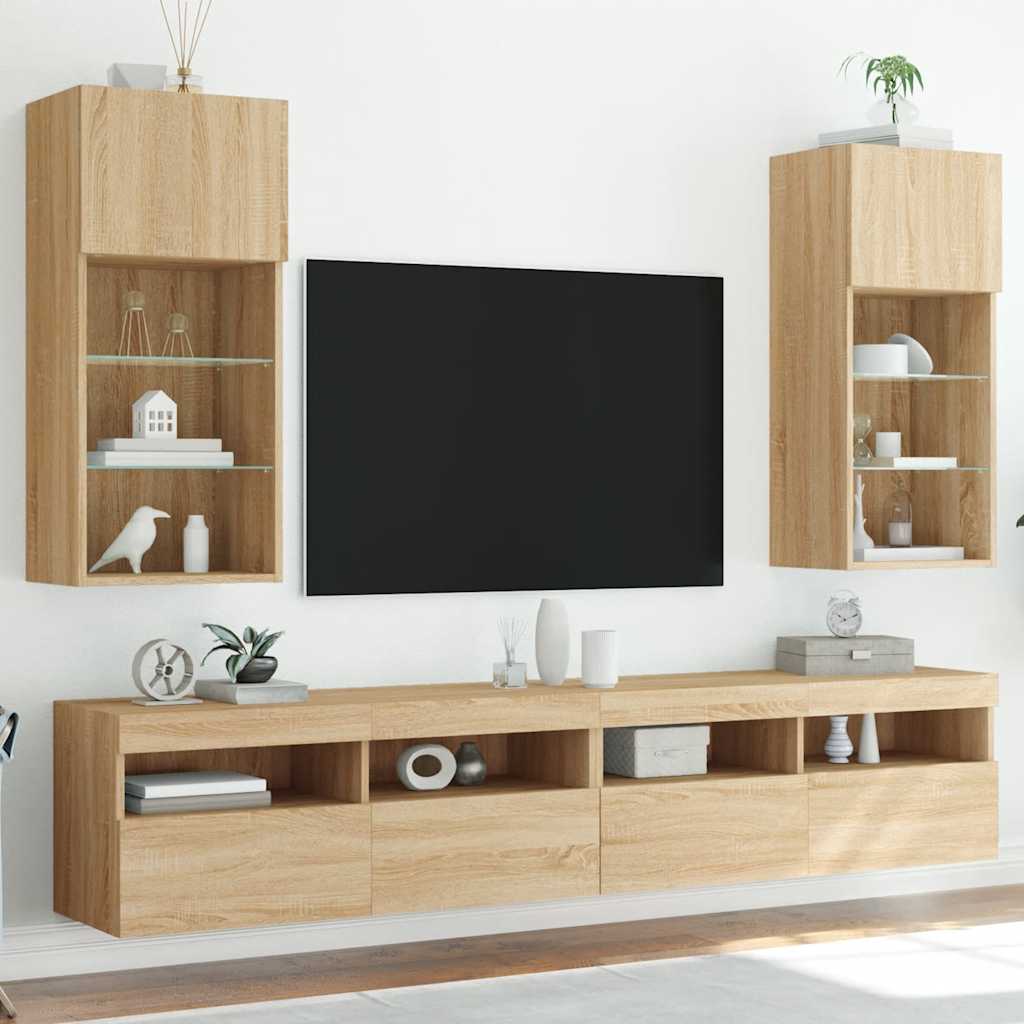 TV Cabinets with LED lights, 2 pcs., oak, 40.5x30x90cm