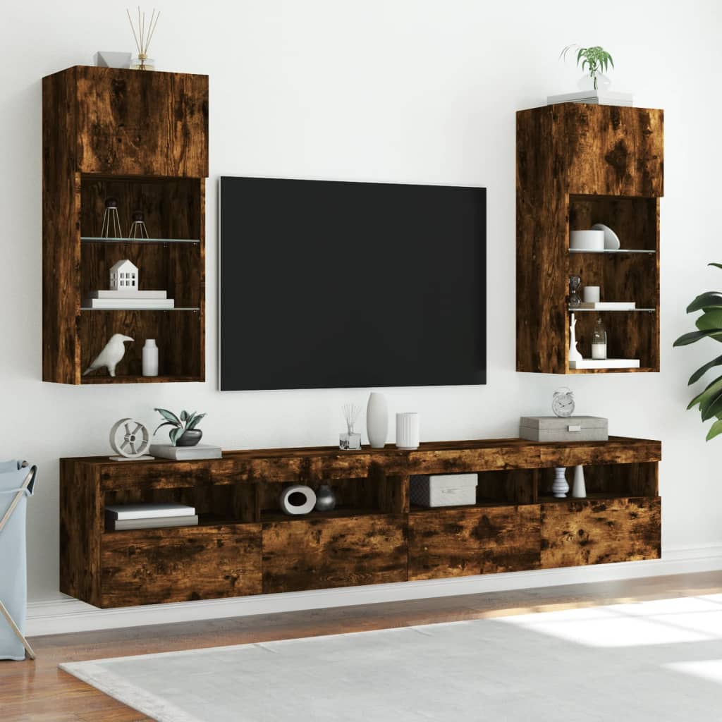 TV spintelės su LED, 2vnt., dūminio ąžuolo, 40,5x30x90cm