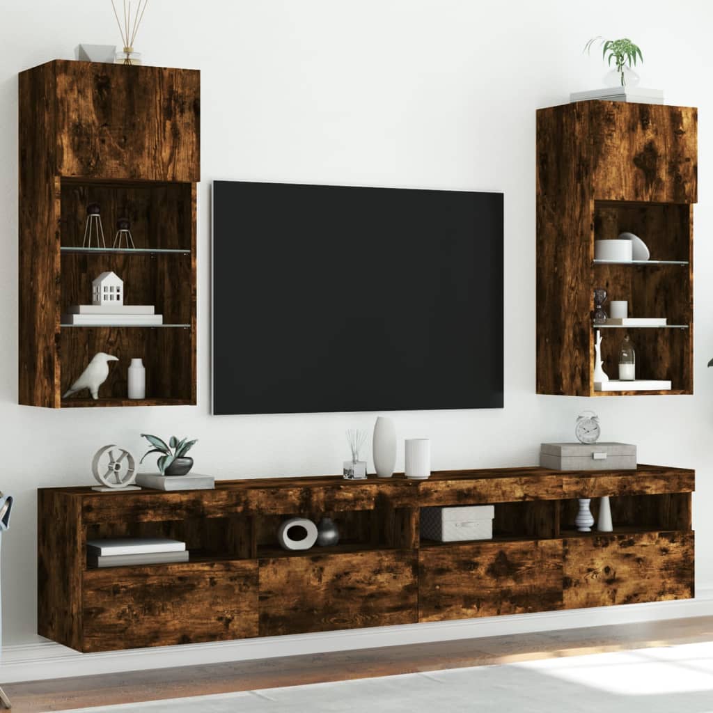 TV spintelės su LED, 2vnt., dūminio ąžuolo, 40,5x30x90cm
