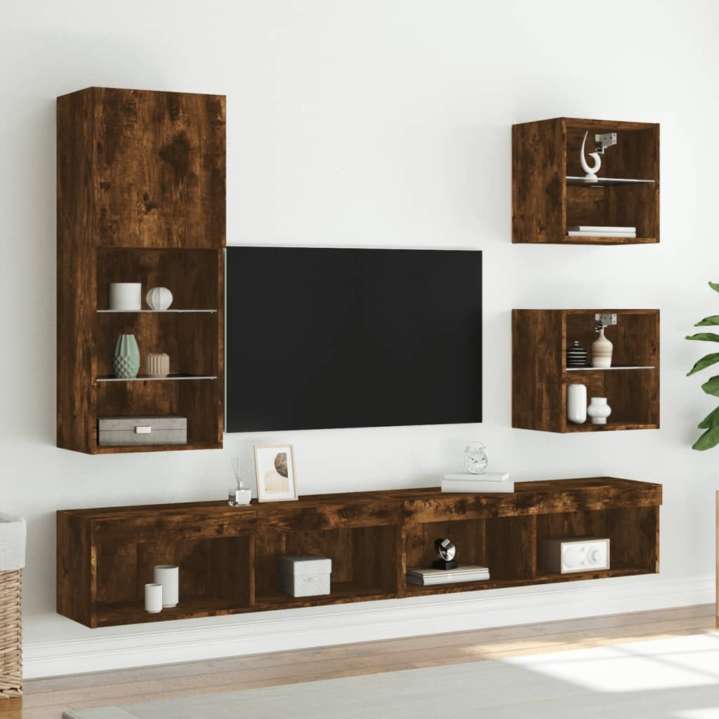 TV skapītis ar LED gaismām, dūmu ozols, 40,5x30x102cm