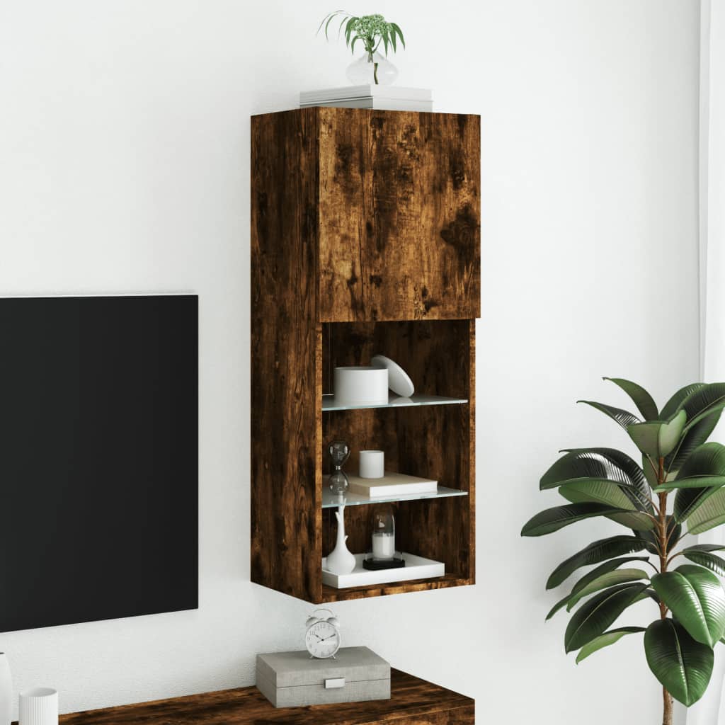 TV skapītis ar LED gaismām, dūmu ozols, 40,5x30x102cm
