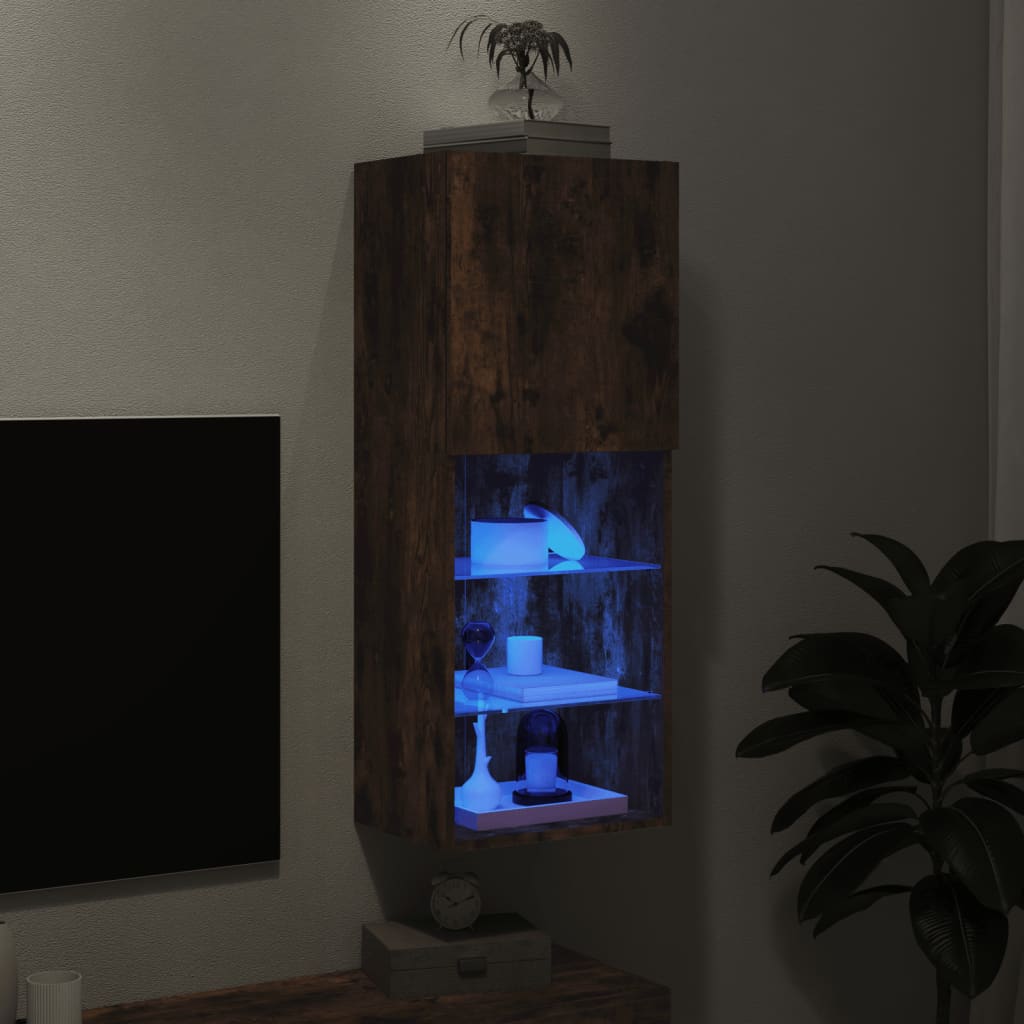 TV skapītis ar LED gaismām, dūmu ozols, 40,5x30x102cm