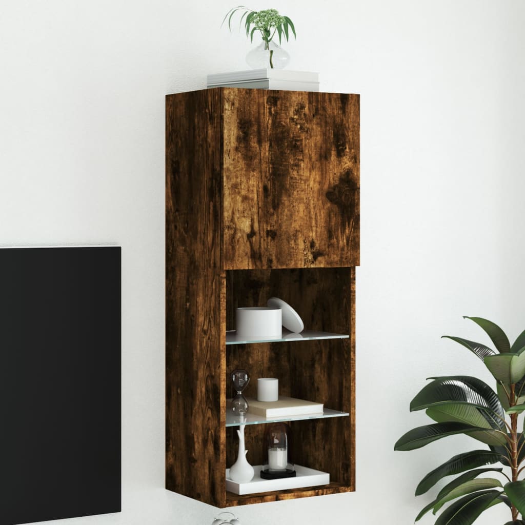 TV skapītis ar LED gaismām, dūmu ozols, 40,5x30x102cm