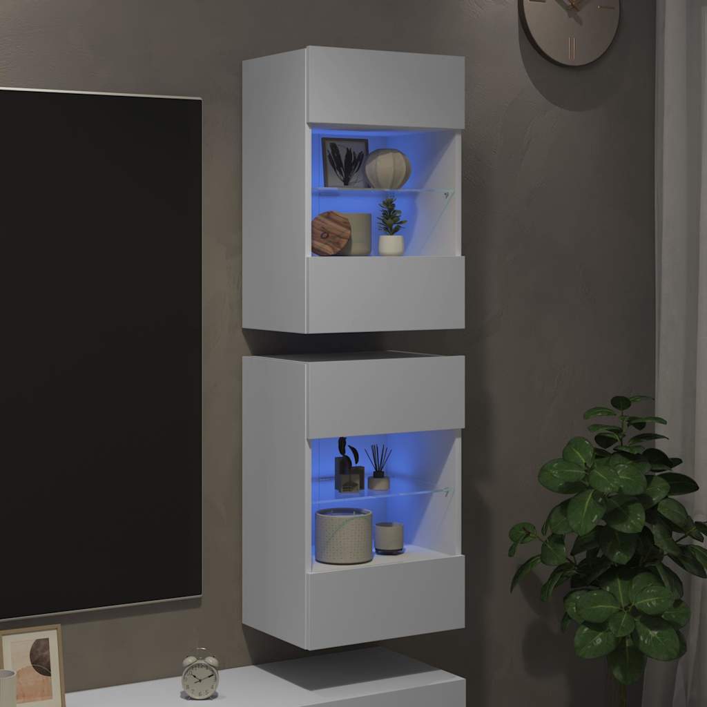 Sieninės spintelės su LED apšvietimu televizoriui, 2vnt., baltos, 40x30x60,5cm