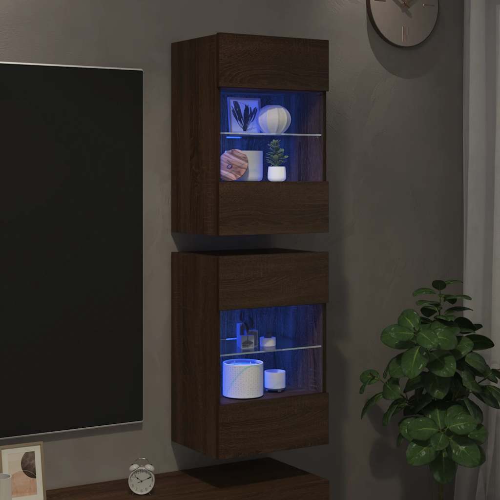 Sieninės spintelės su LED apšvietimu televizoriui, 2vnt., rudos, 40x30x60,5cm