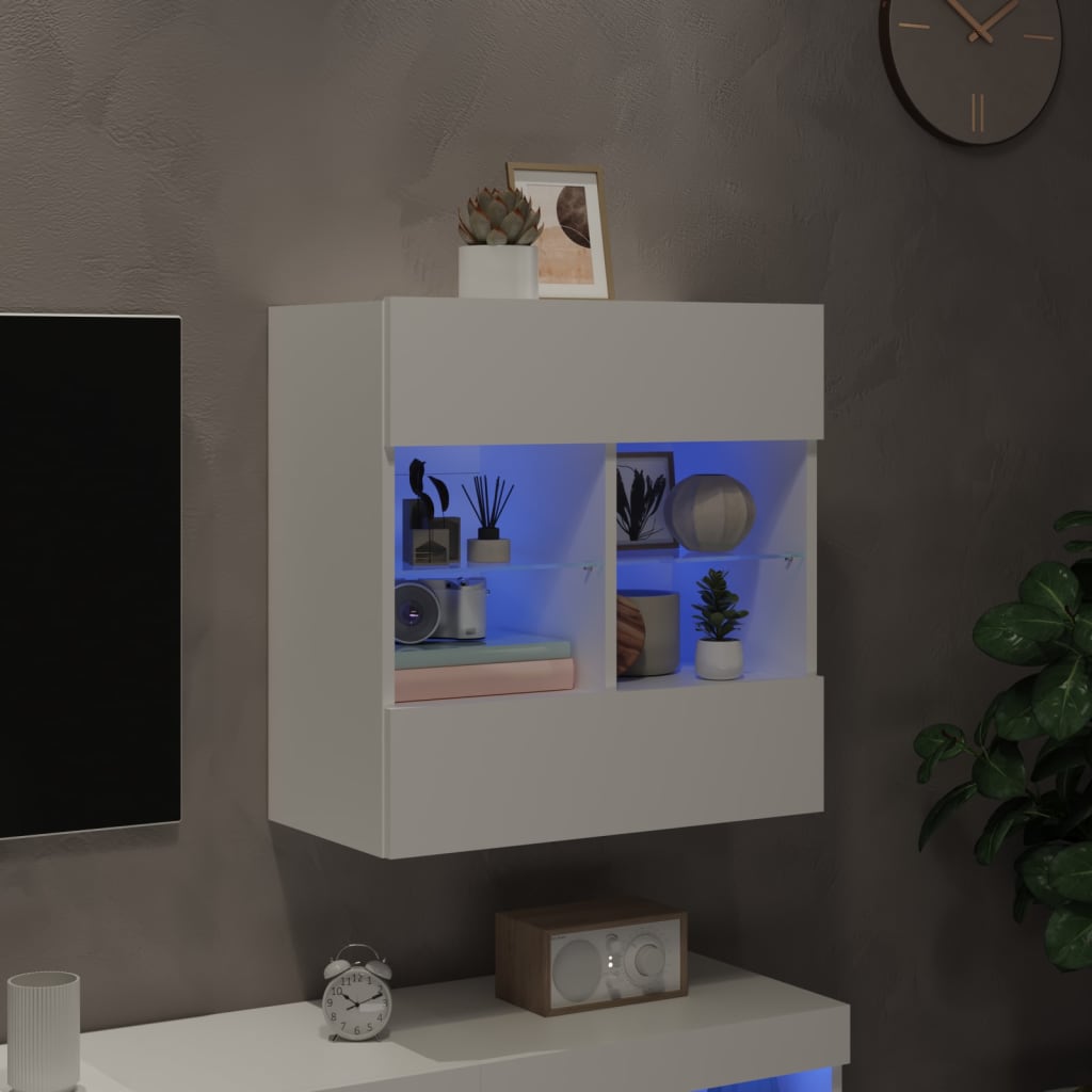 Sieninė TV spintelė su LED lemputėmis, balta, 58,5x30x60,5cm