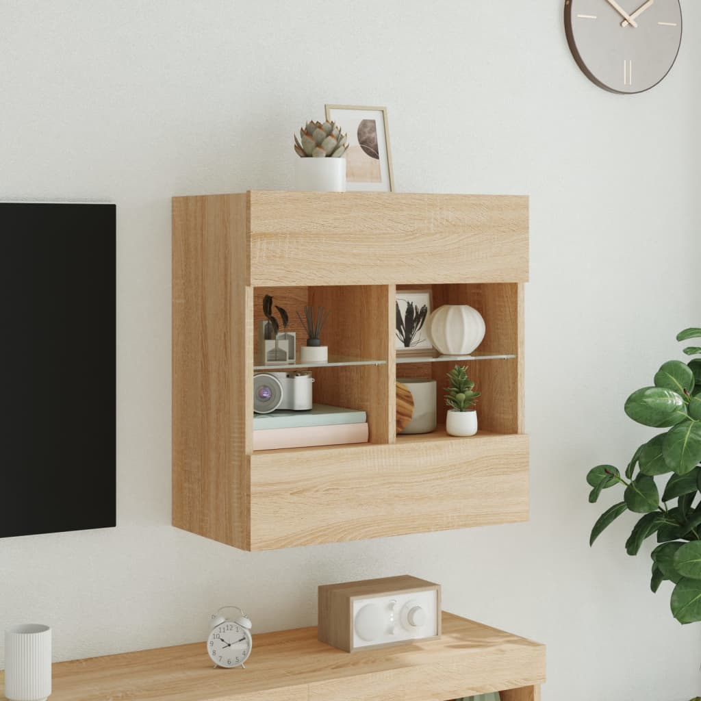 Sieninė TV spintelė su LED lemputėmis, ąžuolo, 58,5x30x60,5cm