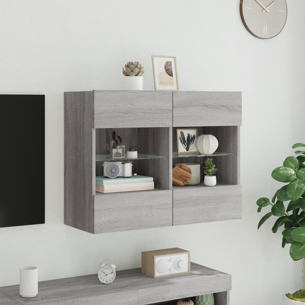 Sieninė TV spintelė su LED lemputėmis, pilka, 78,5x30x60,5cm