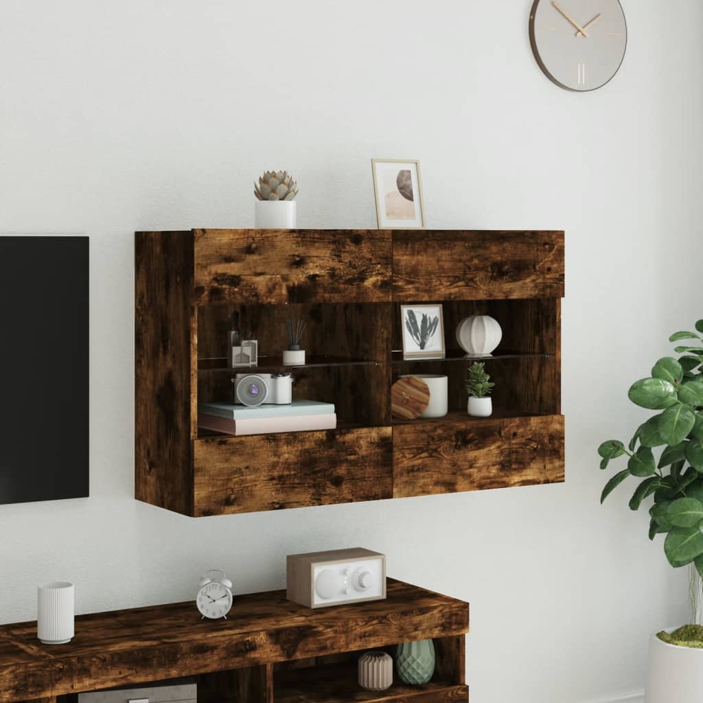 Pie sienas stiprināms TV skapītis ar LED gaismām, dūmu pelēks, 98,5x30x60,5 cm