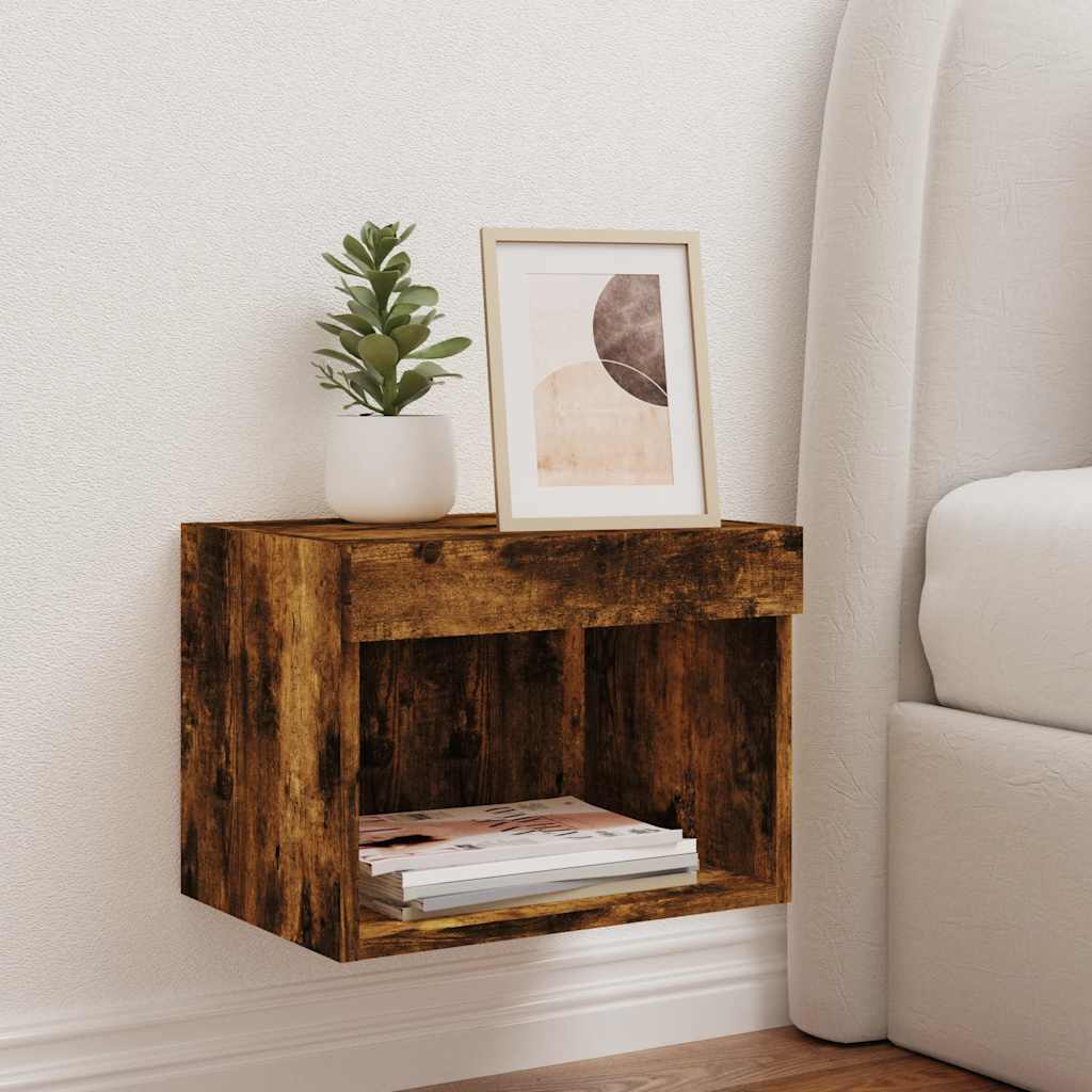 Wall-mounted nightstand with LED lights, smoke oak