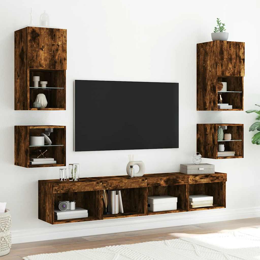 Wall-mounted nightstand with LED lights, smoke oak