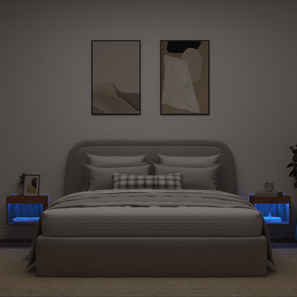Wall-mounted nightstands with LED, 2 pcs., brown oak