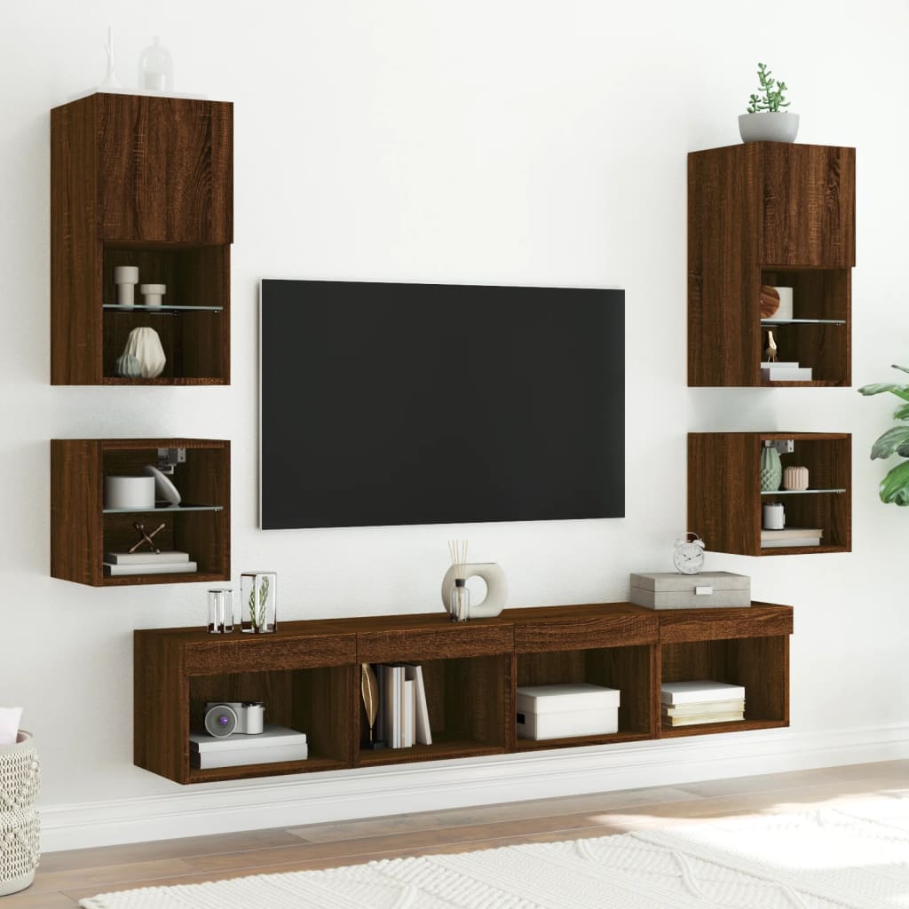 Wall-mounted nightstands with LED, 2 pcs., brown oak