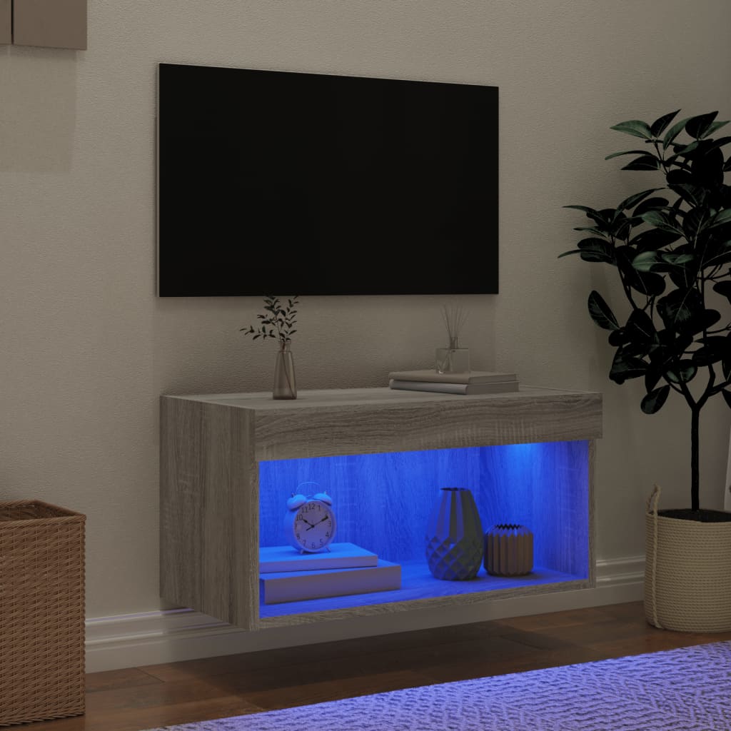 TV spintelė su LED lemputėmis, pilka ąžuolo, 60x30x30cm