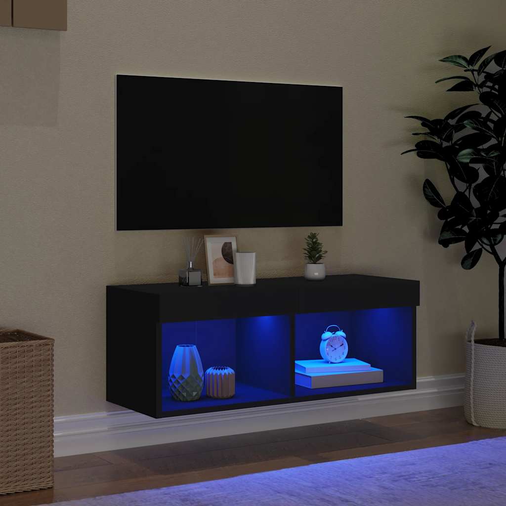 Televizora skapītis ar LED apgaismojumu, melns, 80x30x30 cm