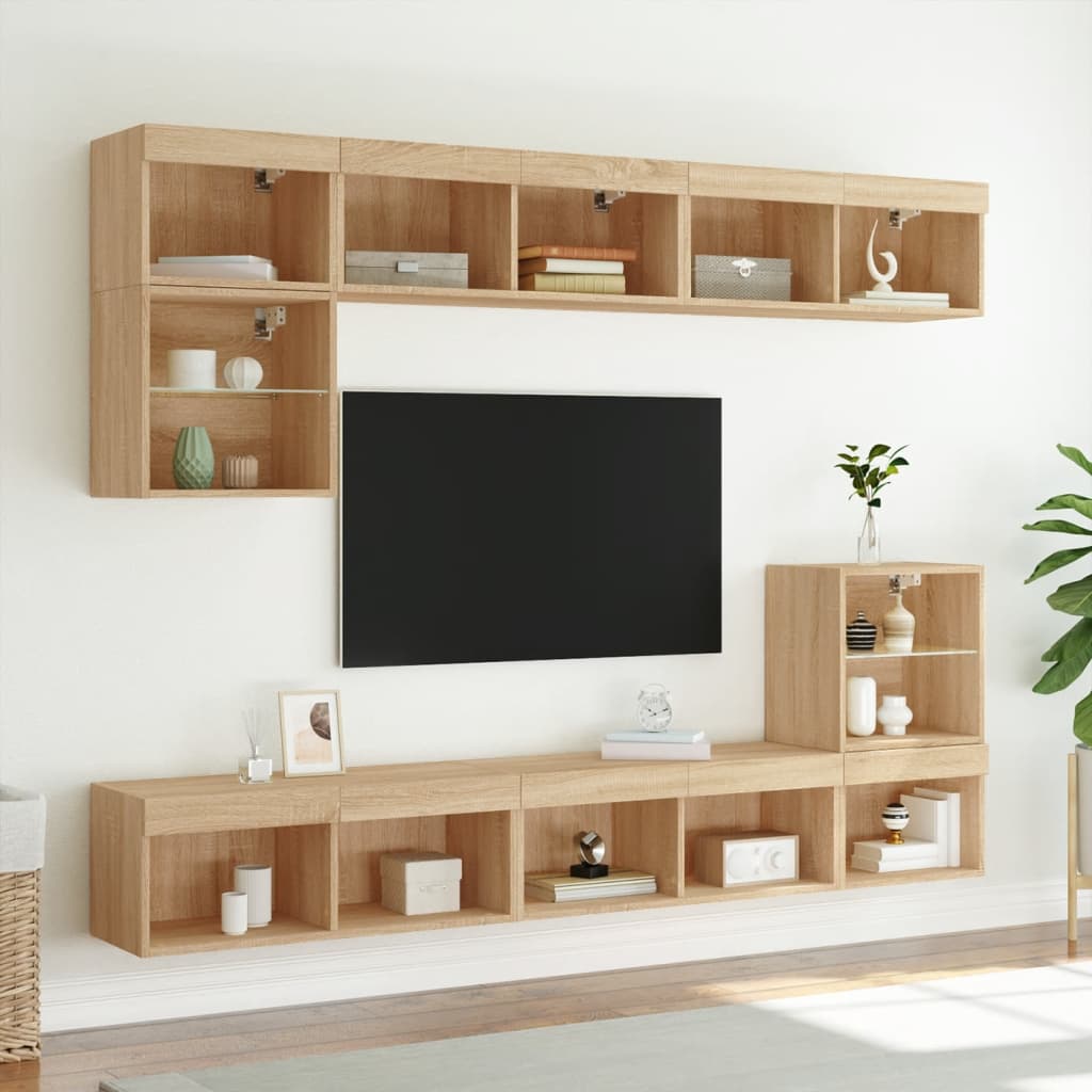 TV cabinets with LED lights, 2 pcs, oak, 80x30x30cm