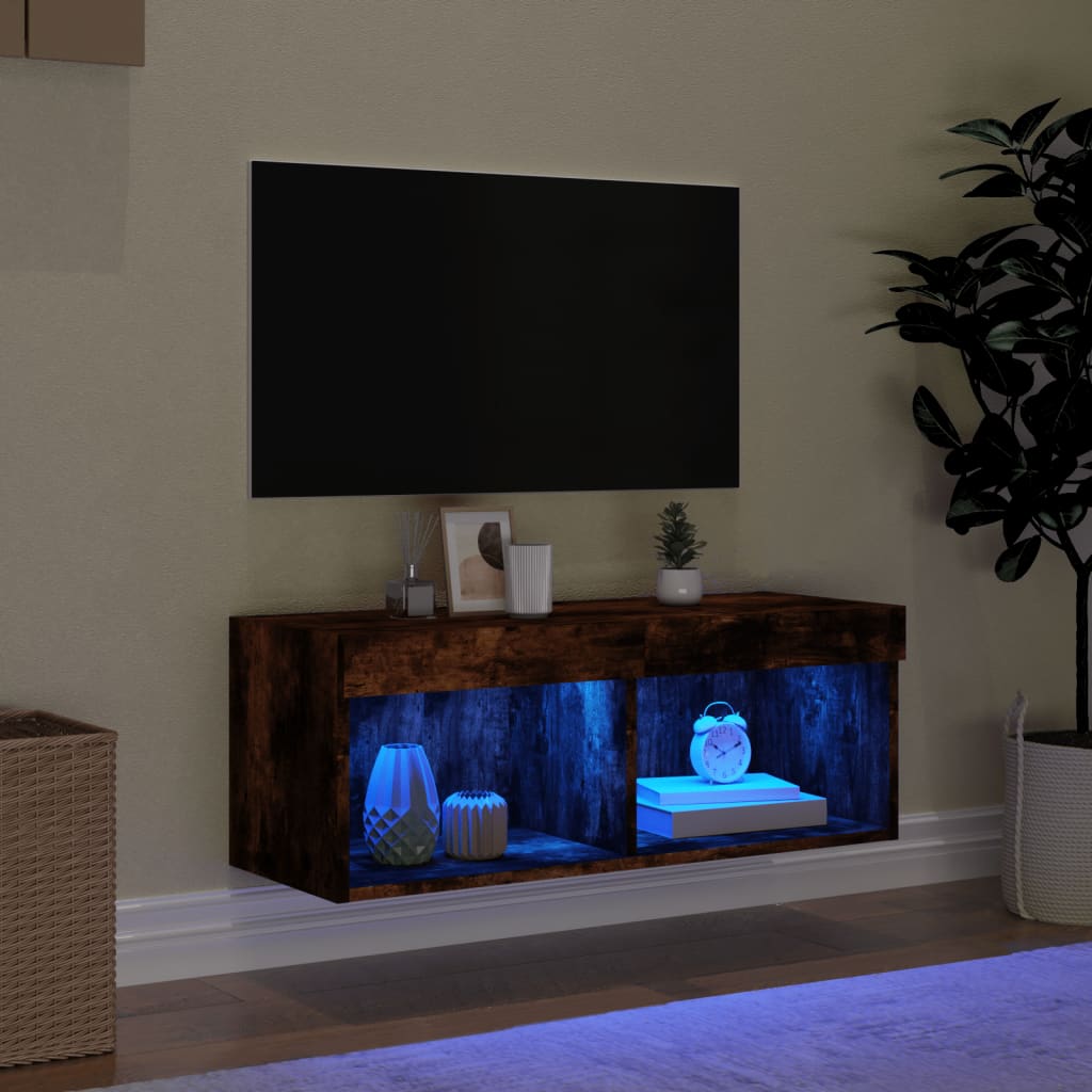 TV Cabinet with LED Lights, Smoked Oak, 80x30x30cm