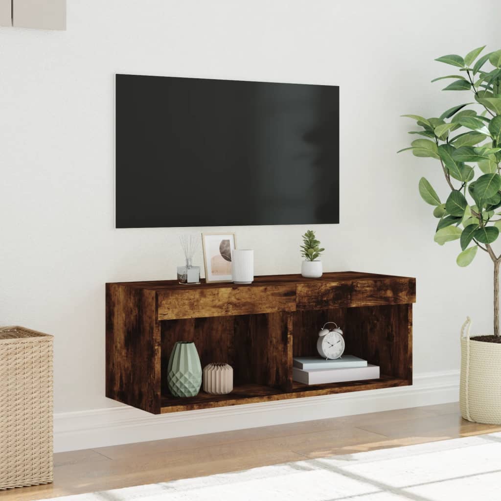 TV Cabinet with LED Lights, Smoked Oak, 80x30x30cm