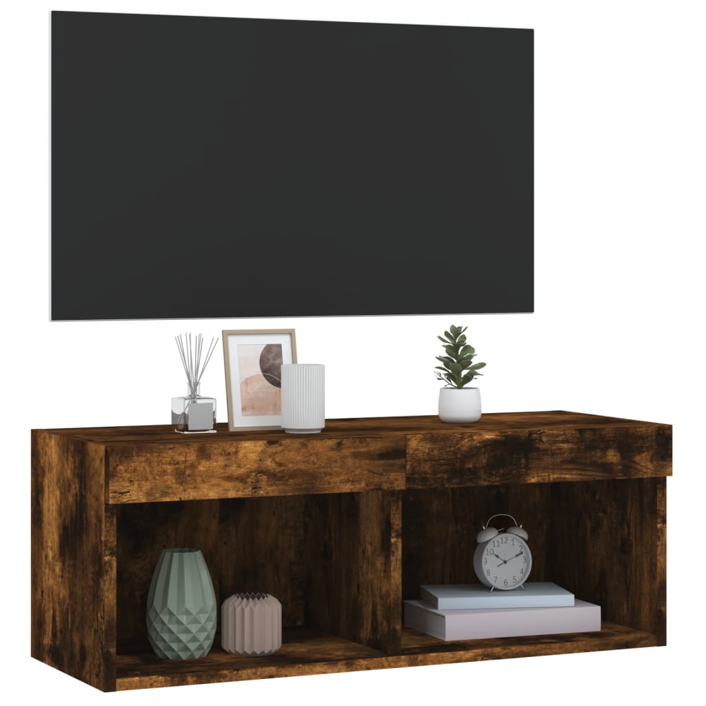 TV Cabinet with LED Lights, Smoked Oak, 80x30x30cm