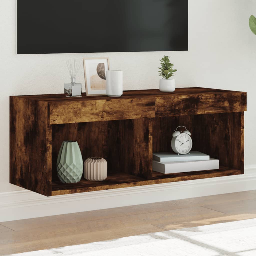 TV Cabinet with LED Lights, Smoked Oak, 80x30x30cm