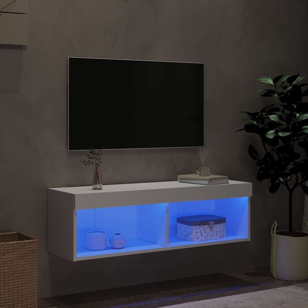 Televizora skapītis ar LED apgaismojumu, balts, 100x30x30cm