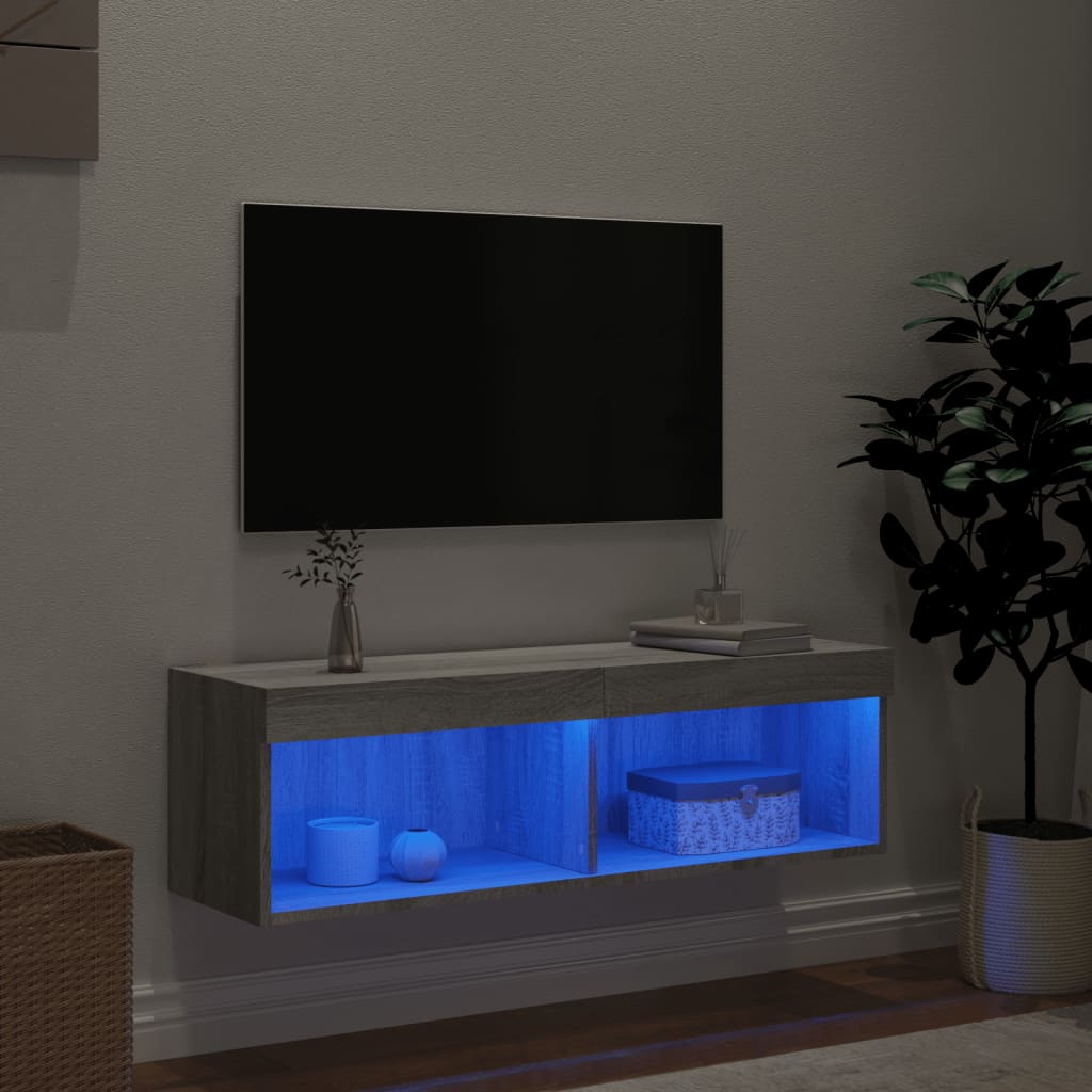 TV spintelė su LED lemputėmis, pilka ąžuolo, 100x30x30cm