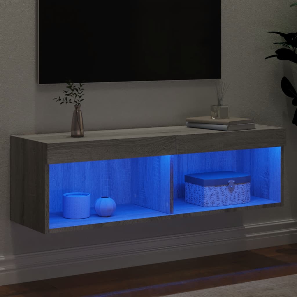 TV spintelė su LED lemputėmis, pilka ąžuolo, 100x30x30cm