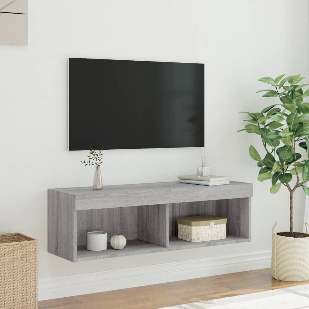 TV spintelė su LED lemputėmis, pilka ąžuolo, 100x30x30cm
