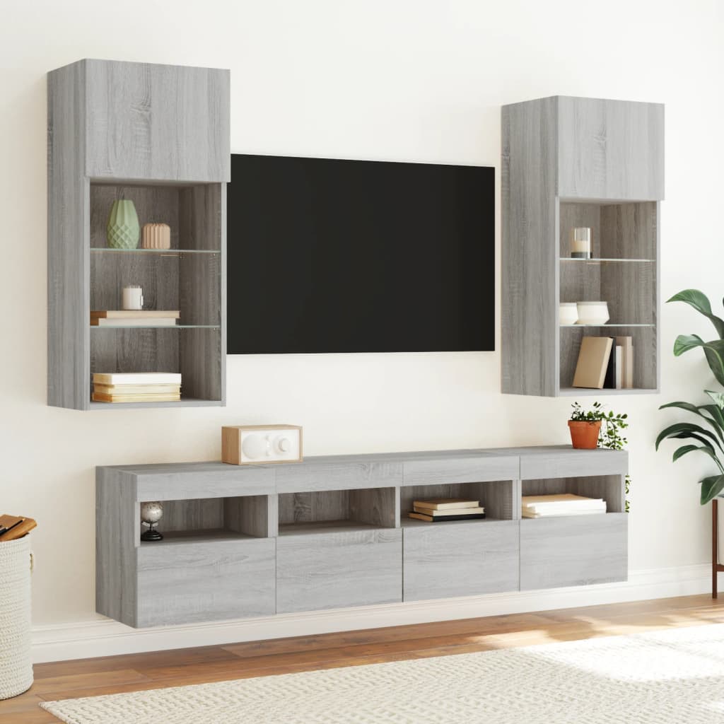 Sieninė TV spintelė su LED lemputėmis, pilka ąžuolo, 40x30x40cm