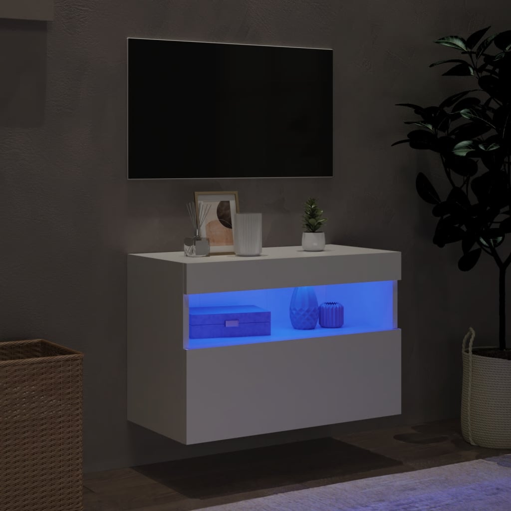 Sieninė TV spintelė su LED lemputėmis, balta, 60x30x40cm