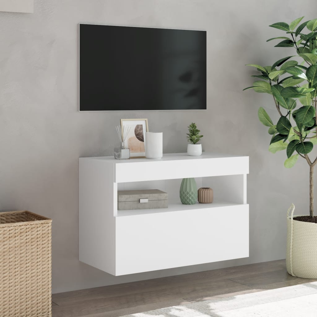 Sieninė TV spintelė su LED lemputėmis, balta, 60x30x40cm